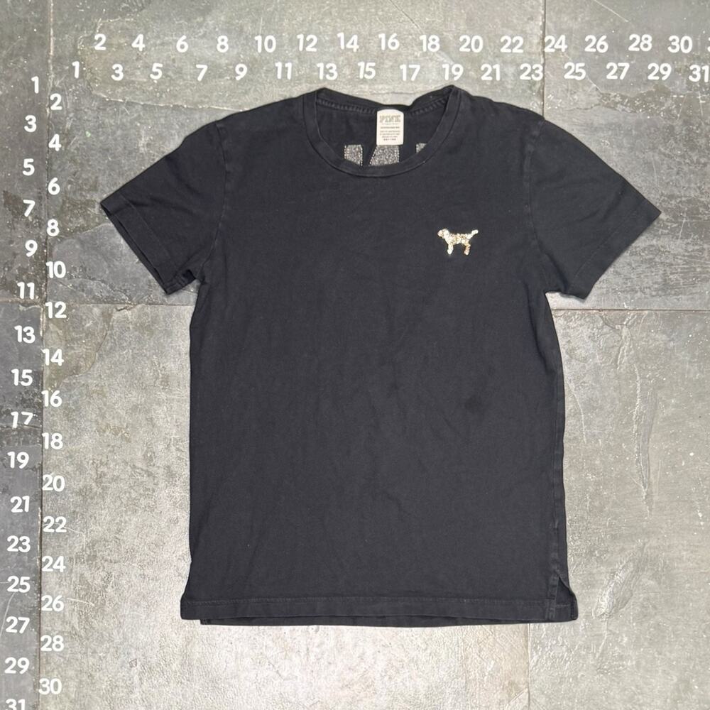 Victoria's Secret PINK Black T-Shirt with Gold Sequin Dog Logo and Wreath